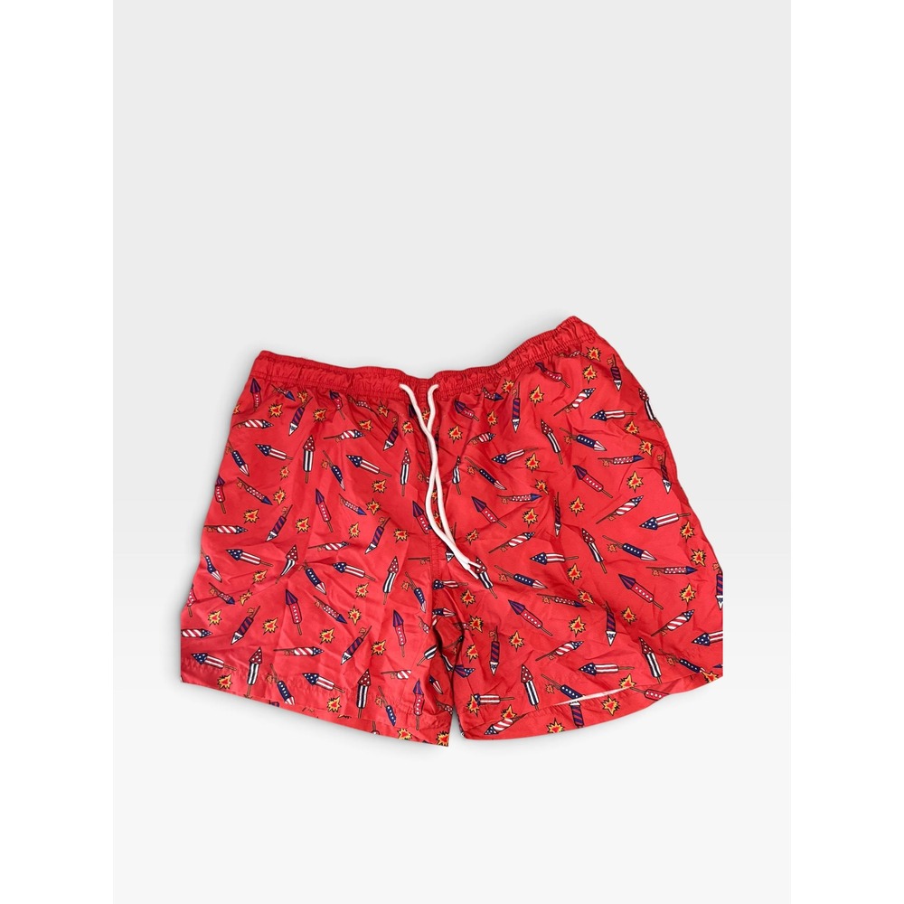 Celebrate Patriotic Mens XL Red Firework Rocket Print Swim Trunks Board Shorts